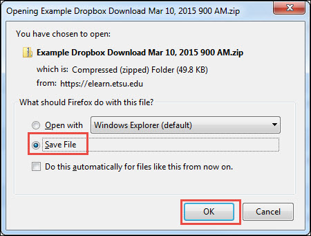 Image of the windows popup to save a zip file