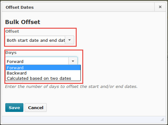 Image of the bulk offset dates popup