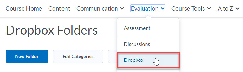 Image of the default course nav bar with the evaluation menu expanded and dropbox selected