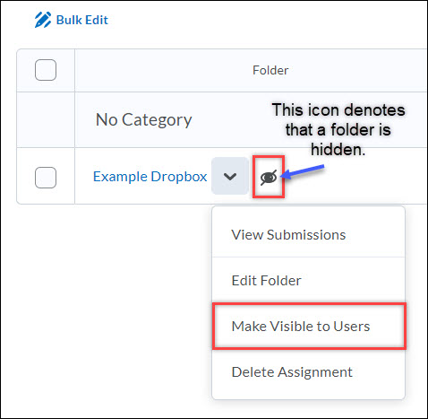 Image of the folder context menu of a folder with the Make visible to users option highlighted.
