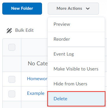 Image of the more actions button on the folder list screen with delete selected.