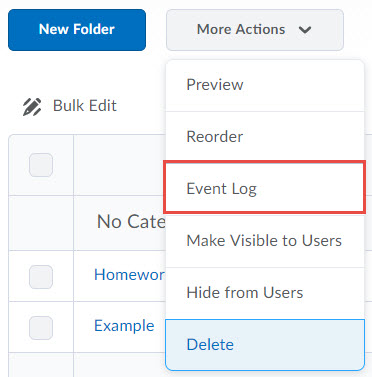 Image of the more actions button on the folder list screen with event log selected.