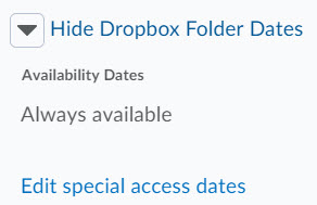 Image of the expanded show dropbox folder dates section with hyperlinks to edit special access to the folder. 