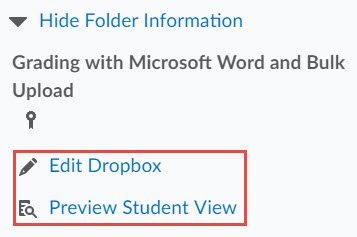 Image of the expanded show folder information section with hyperlinks to edit dropbox and student preview