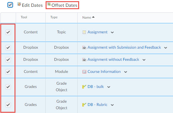 Image of multiple items selected from the editing table and the offset dates button