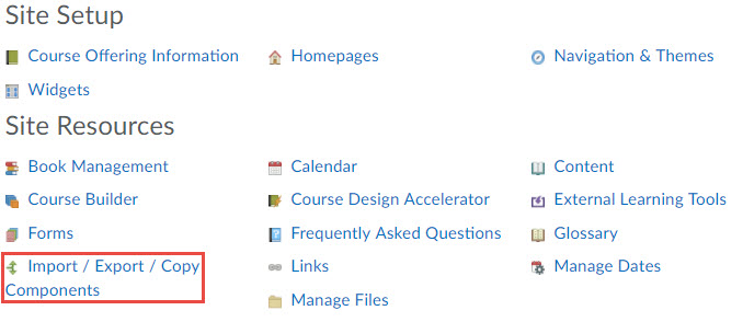 Image of the course administration menu with import/export/copy components selected.