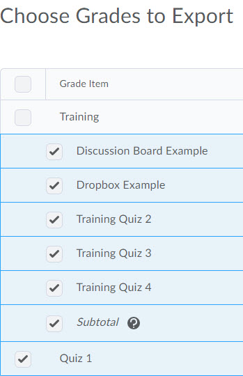 Image of the grade items table on the export gradebok page