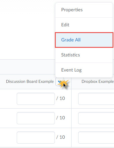 Image of the context menu of a grade item (properties, edit, grade all, statistics, event log.)