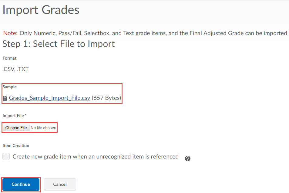 Image of the Import Grades screen.