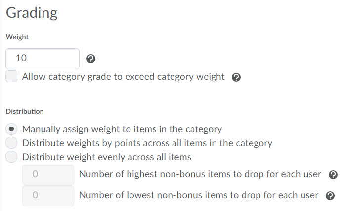 Image of the category grading options for a weighted category.
