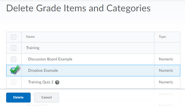 Image of the Delete Grade Items and Categories with a grade item marked for deletion and three grade items with associations highlighted. 