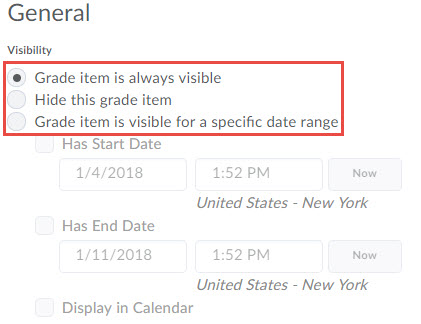 Image of the Visibility options of a grade item or category.
