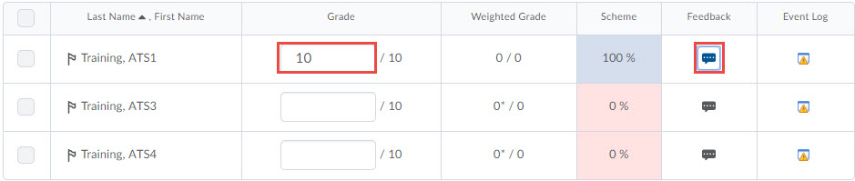 image of a numeric grade item open for grading with the grade column and feedback icons highlighted.