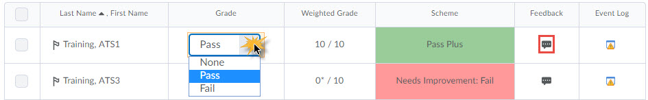image of a Pass/Fail grade item open for grading with the grade column and feedback icons highlighted.