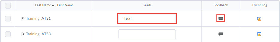 image of a text grade item open for grading with the grade column and feedback icons highlighted.