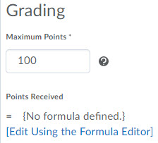 Image of the grading options for a formula grade item (Maximum points and formula editor hyperlink)