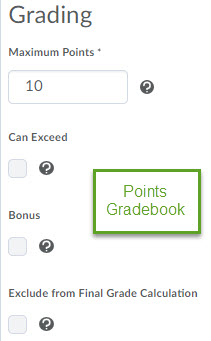 Image of the grading options for a grade item within a ponts gradebook (Maximum points, can exceed, bonus, and exclude from final grade calculation).