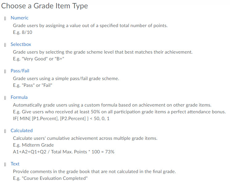 Image of the grade item type options (numeric, selectbox, pass/fail, formula, calculated, and text)