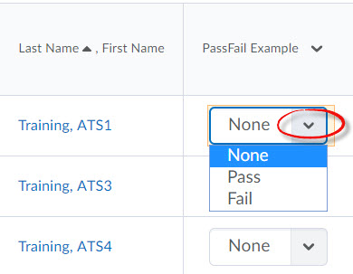 image of a Pass/Fail grade item open for grading with the grade column and feedback icons highlighted.