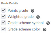 Image of the grade details setting options (points grade, weighted grade, scheme symbol and color.)