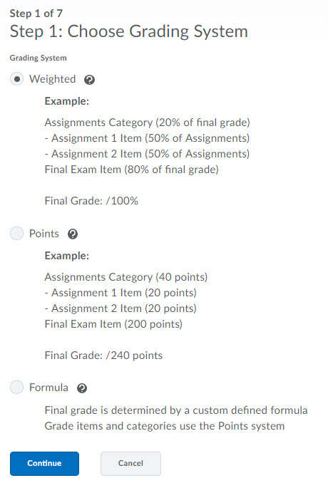 Image of the first step of the grades setup wizard.