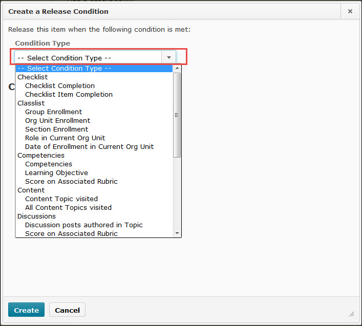 Image of the Create a Relase Condition popup window with the condition type dropdown menu expanded.