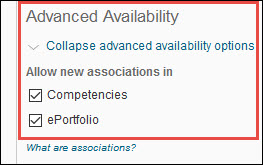 Image of the Advanced Availability section of the Rubric Properties page with ePortfolio option marked. 