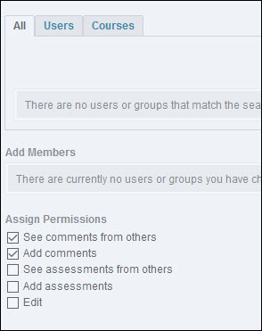 Image of the Add Users to Sharing Groups page with the Permissions options available.