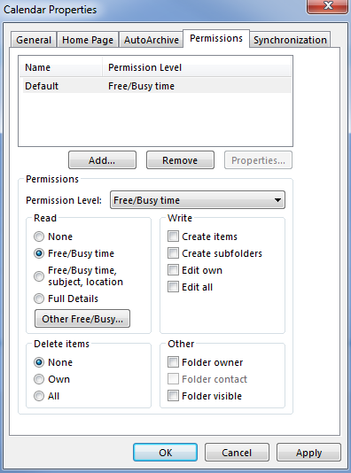 Outlook Permissions Dialog