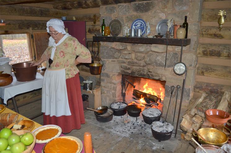Historical Reenactment, Sycamore Sholes State Park, showing the labor required to cook a meal in Fort Watauga on the American frontier, circa 1776