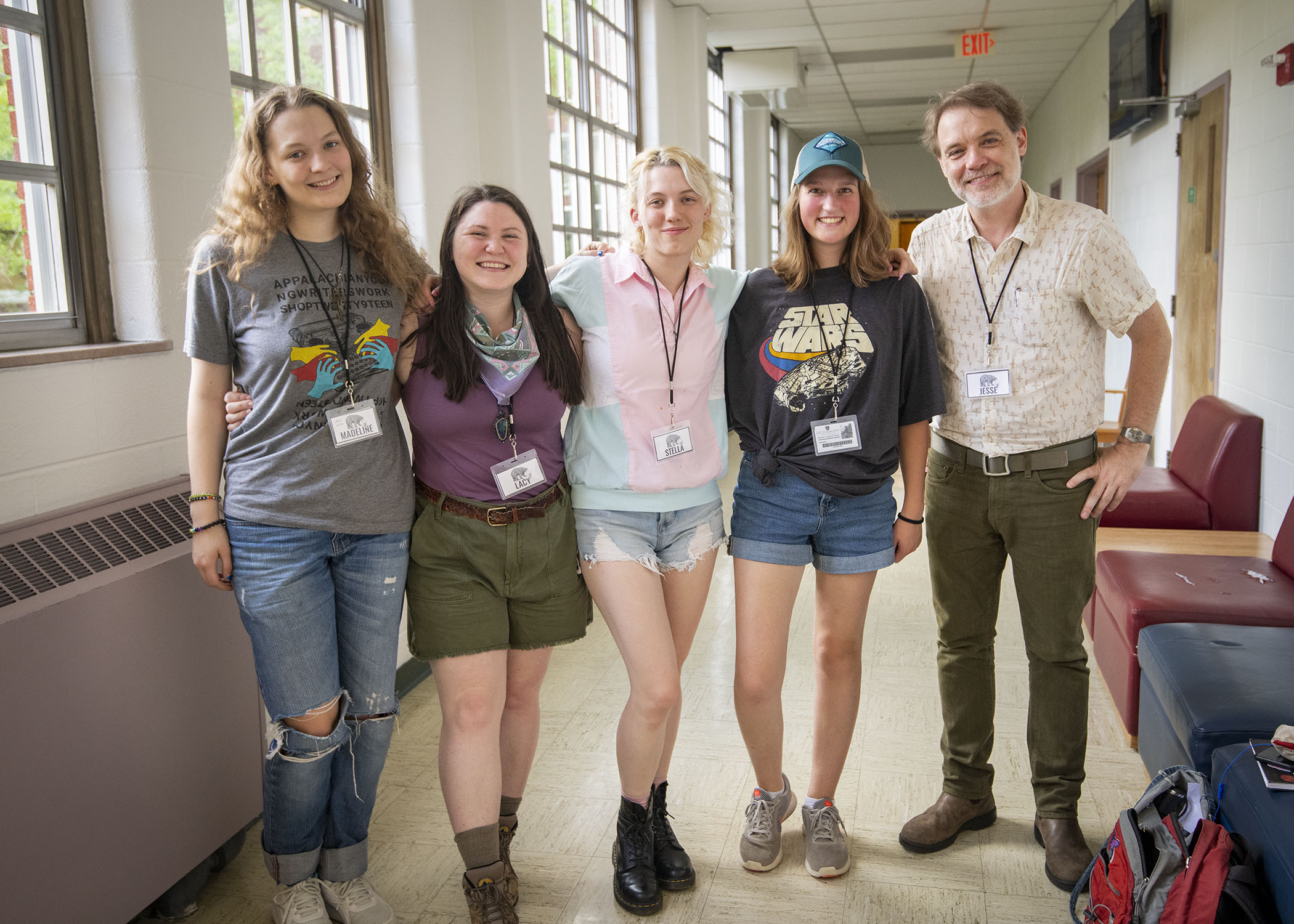 Some of the 2022 Young Writers' Workshop staff from left to right: Madeline Rodenberg, Lacy Snapp, Stella Rodenberg, AK Stites, and Dr. Jesse Graves.  