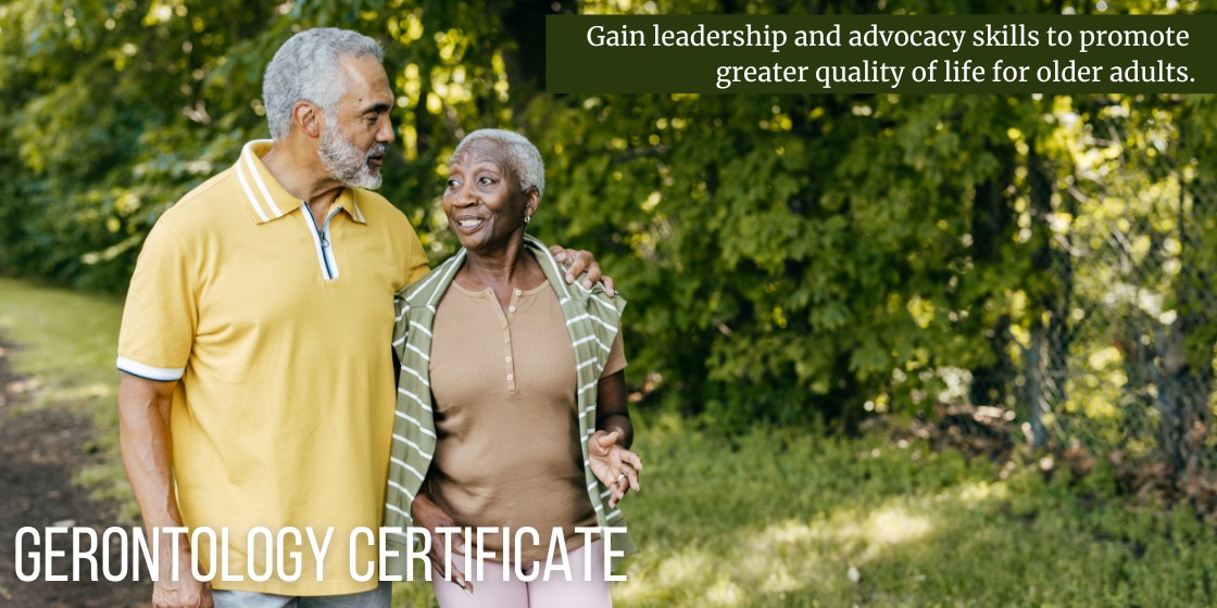 gerontology certificate - older couple walks together in a garden