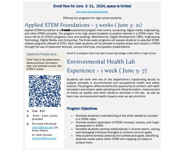 Visit the link below to register for ETSU summer STEM programs!