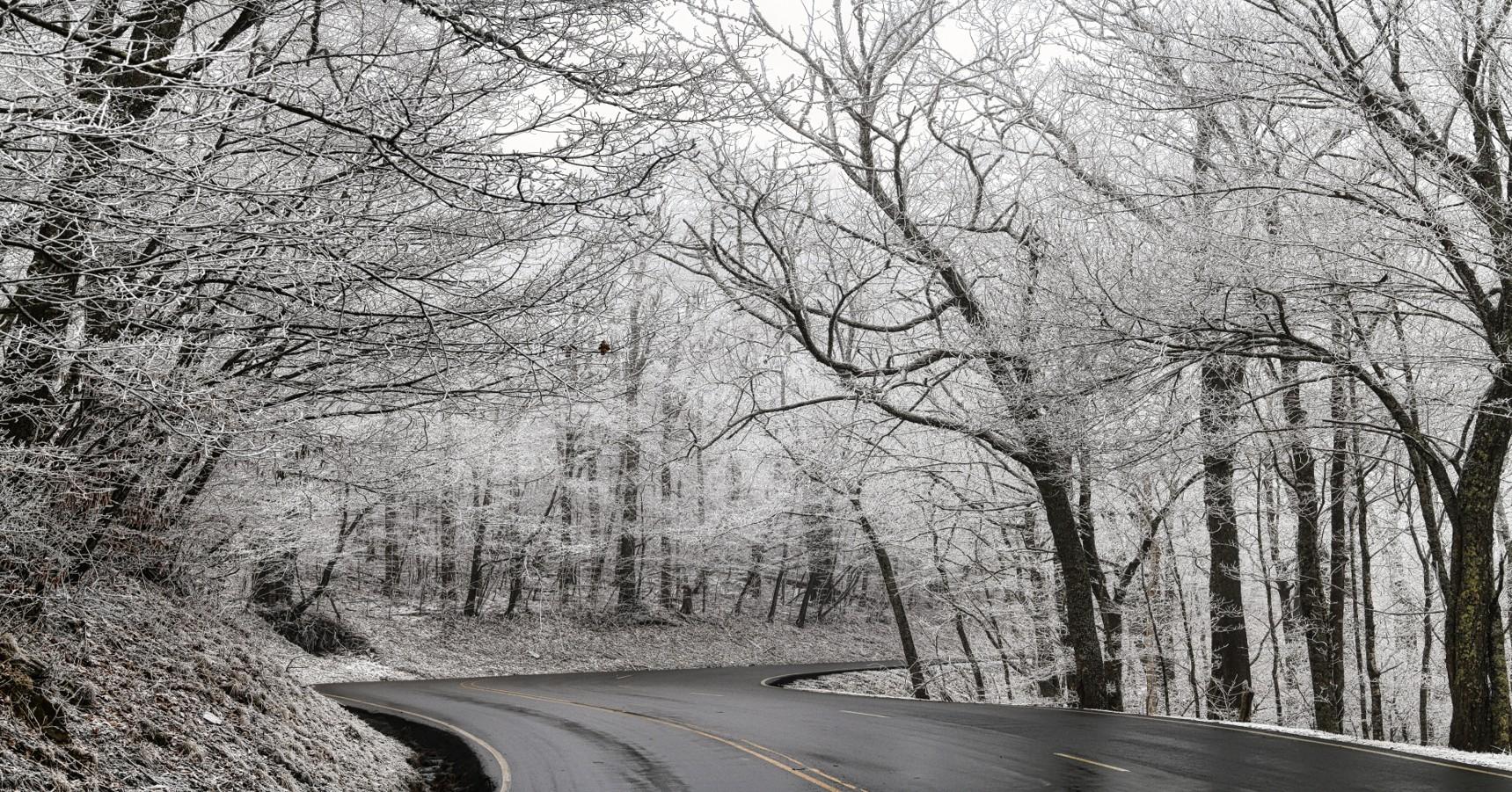 Ice and snow cover the trees on the drive up Beech Mountain in the high country of North Carolina