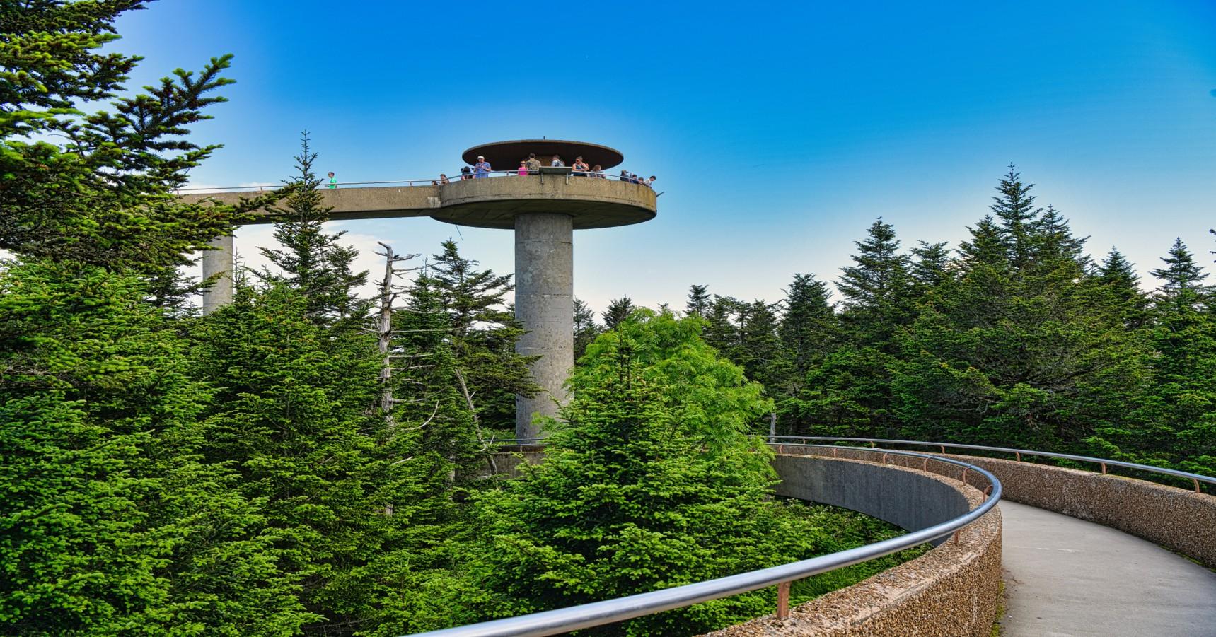 A view of the spiral ramp leading to the top of the viewing tower on Kuwohi Mountain. This is the highest elevation in the park at 6643 feet. The tower, built in 1959, is noted for its mid-century design.
