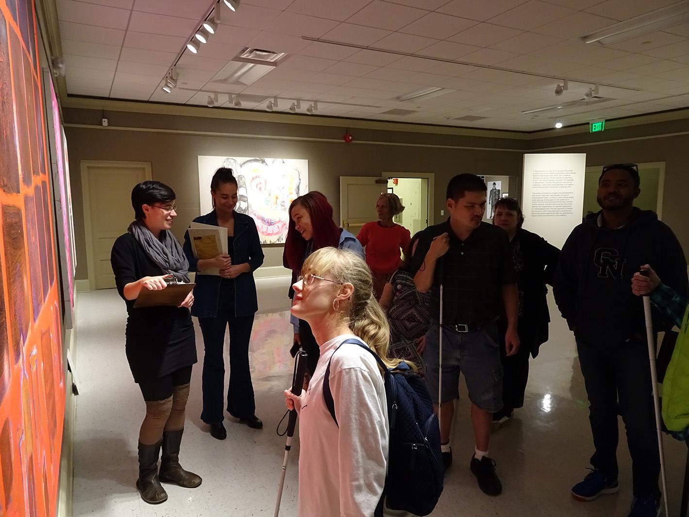 Members of the low visual and blind community take part in a tour specifically designed for them. Using works in the 2017 traveling exhibition A New Subjectivity: Figurative Painting After 2000, the Reece developed scripts, texture boards and composition boards to make the artwork more accessible to those with low or no vision at all. 