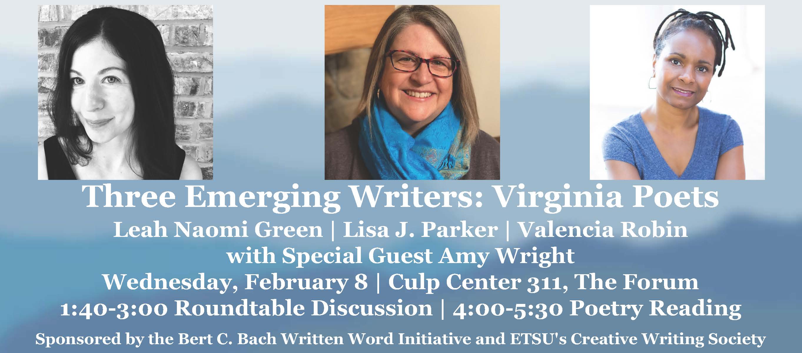 Photos of Leah Naomi Green, Lisa J. Parker, and Valencia Robin on a background of the Blue Ridge Mountains with event information detailed in the caption below.