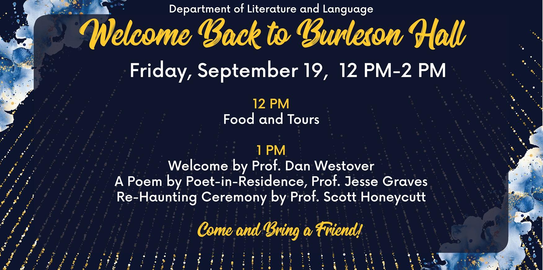 Abstract blue background with watercolor wash on the sides and gold glitter radiating down with event details that are listed in the caption.