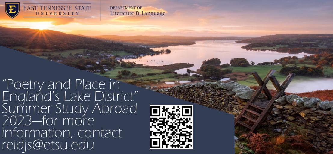 Picture of a sunrise over a small mountain and lake with a rock pasture fence in the foreground. Text over picture says, "Hike England's Lake District and Study Poetry in Summer 2023." Image includes a QR Code.