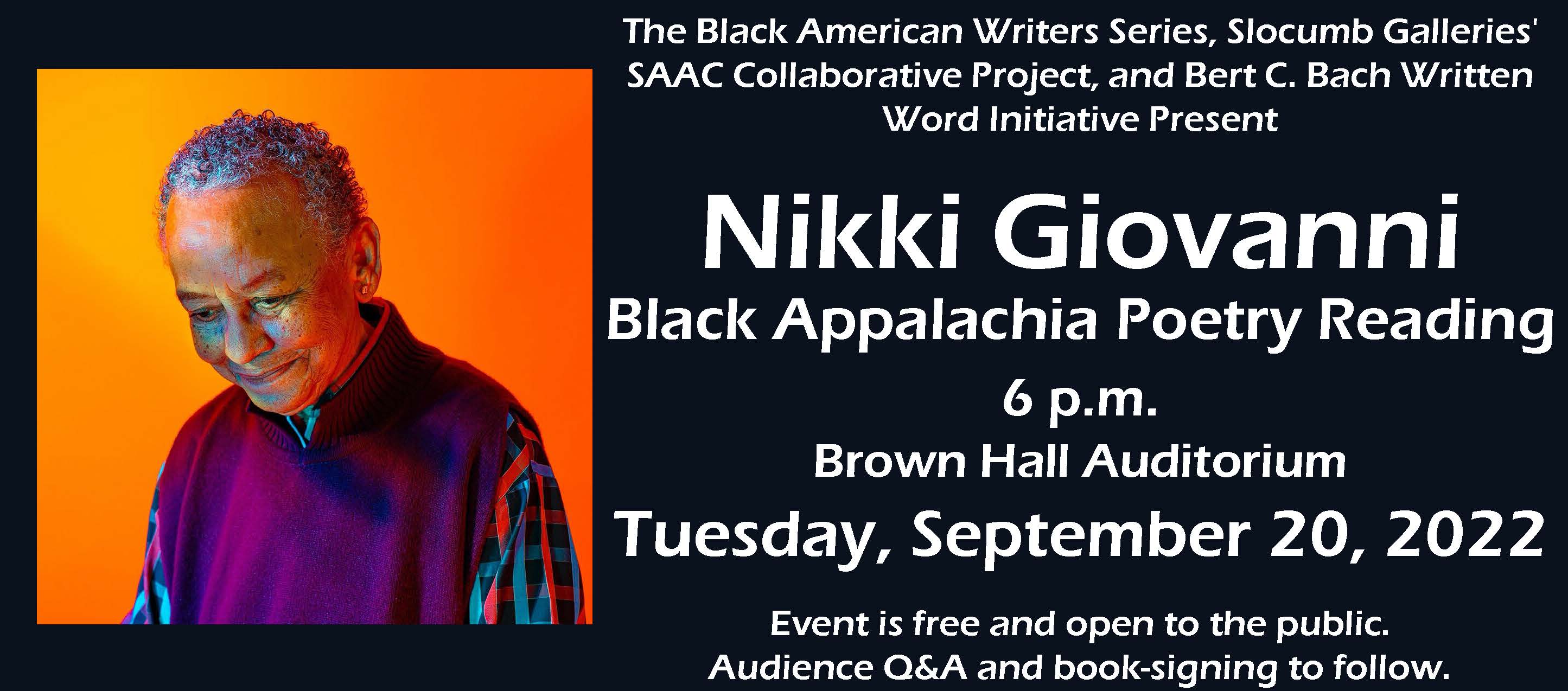 Photo of Nikki Giovanni on a black background with event information detailed in the caption.