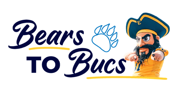 ETSU's mascot Bucky pointing at the screen with text that reads "Bears to Bucs"