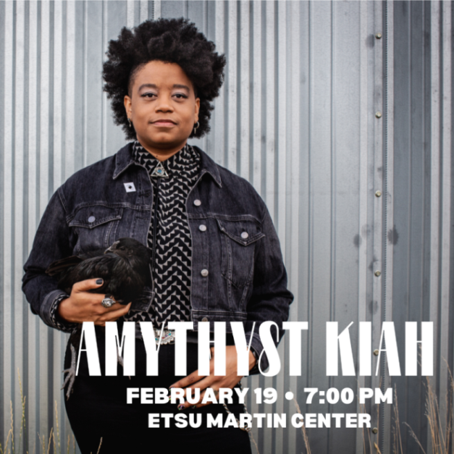 Amythyst Kiah holding a chicken in front of a barn with text that reads, "Amythyst Kiah February 19 7 pm ETSU Martin Center"