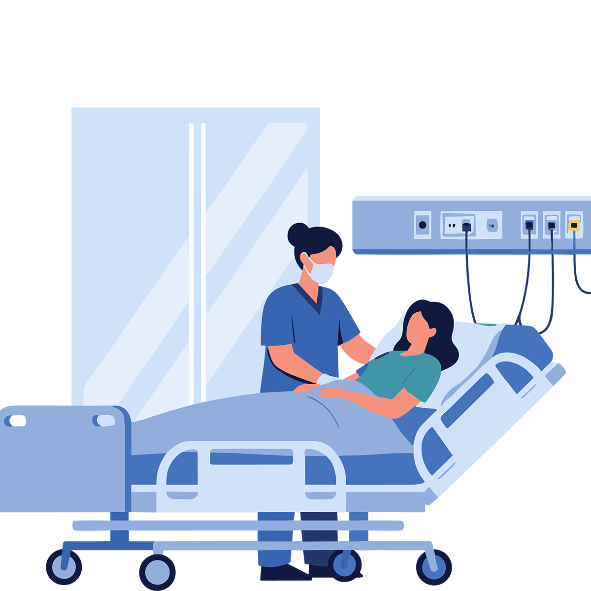 A graphic of a medical professional with a patient in a hospital bed.