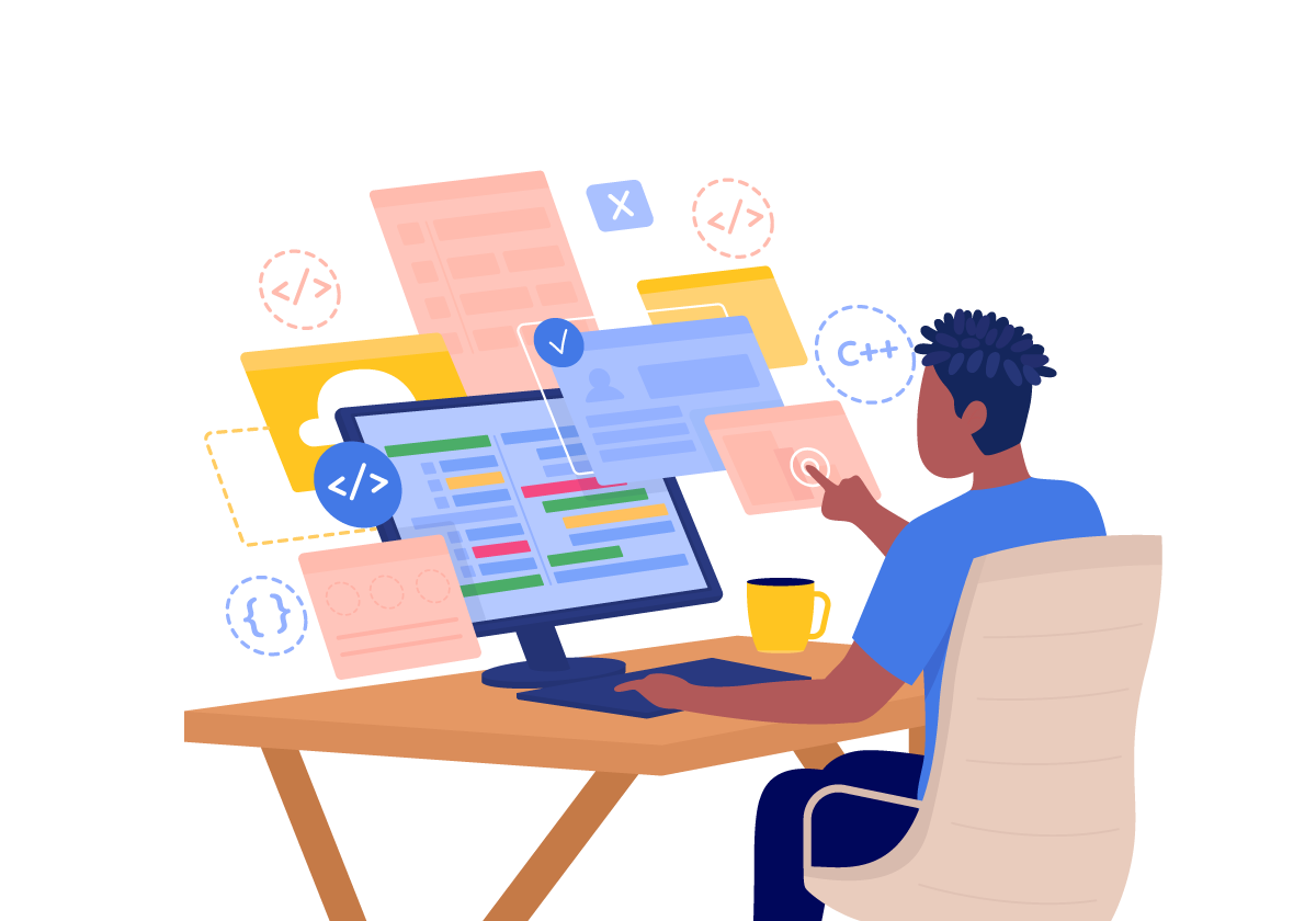 A graphic of a person working at their desk on a computer with floating windows and pieces of code above.