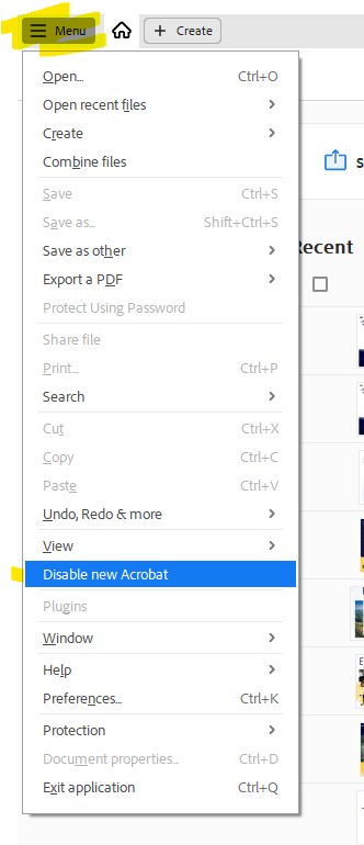Screenshot showing how to disable the new Acrobat.