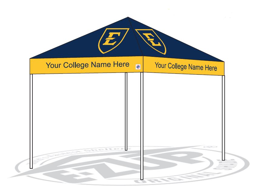 A 10x10 tent example showing the college name.