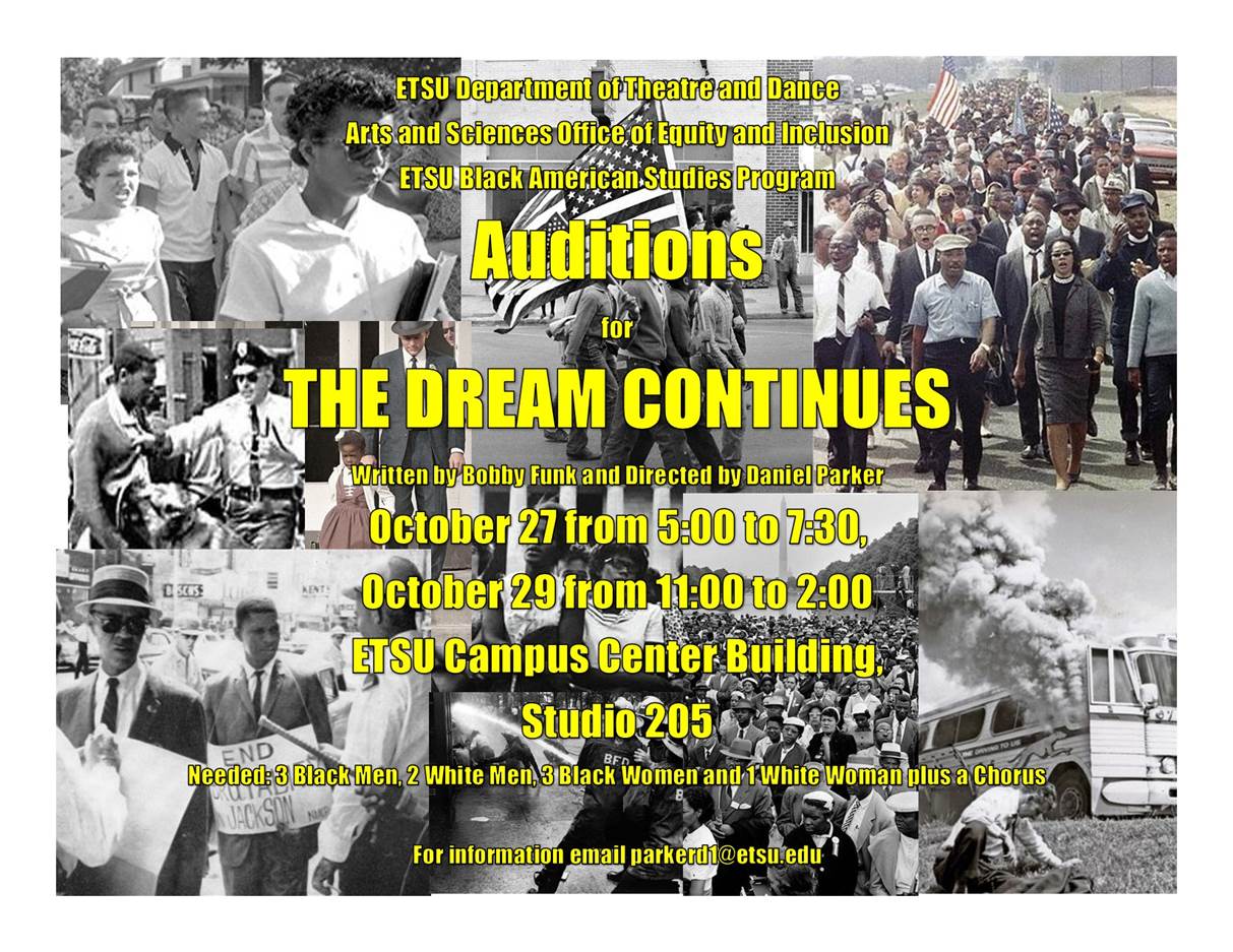 The Dream Continues Audition poster with information detailed in the commentary above.
