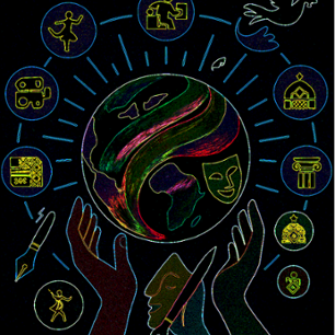 Hands reaching for a globe surrounded by symbols of the arts like a ballarina, pen, theater happy mask