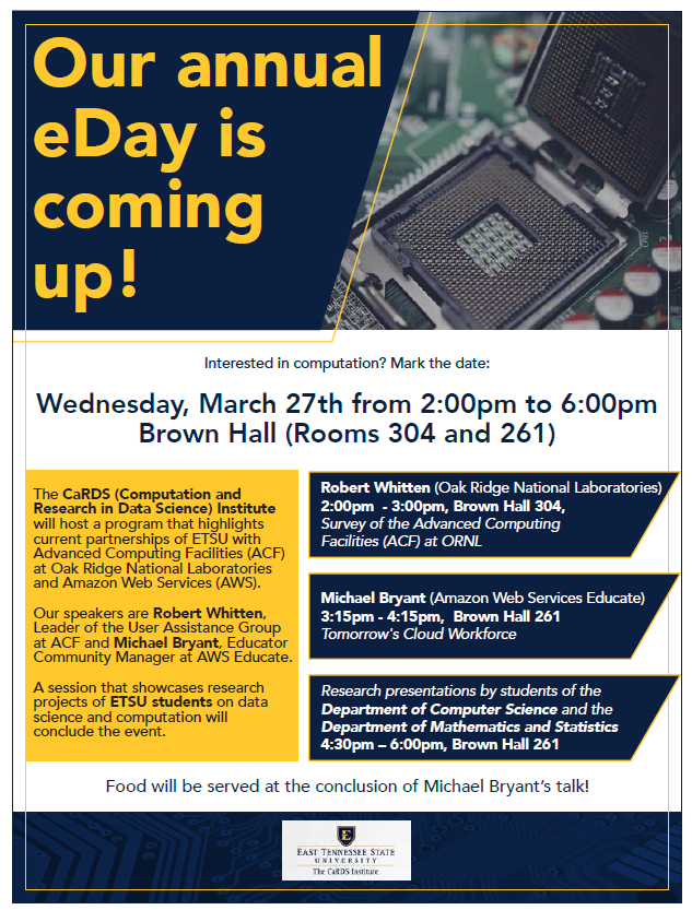 The CaRDS Institute will host a program that highlights current partnerships of ETSU woth ACF at Oak Ridge National Laboratories and Amazon Web Services. Our Speakers are Robert Whitten and Michael Bryant. A session that showcases research projects of ETSU students on data science and computation will conclude the event. Food will be served at the conclusion of Michael Bryants talk!