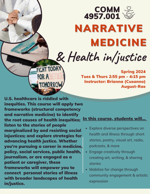 course flyer advertising COMM 4957: Narrative Medicine & Health In/justice (note: relevant information contained in course description text)